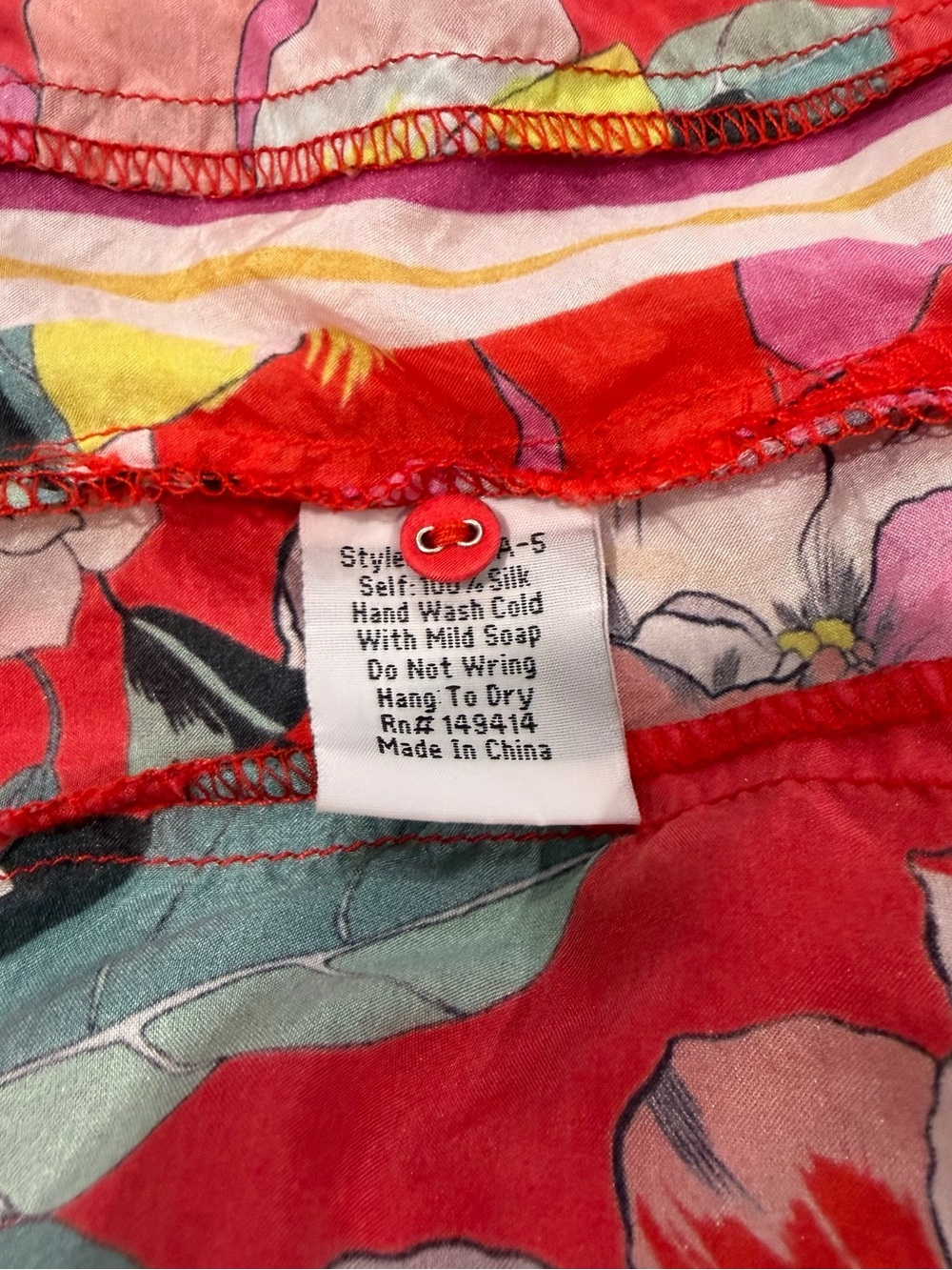 Johnny Was Silk Woven Red Floral Collared Button-Up Blouse 3/4 Sleeve L - Picture 8 of 10
